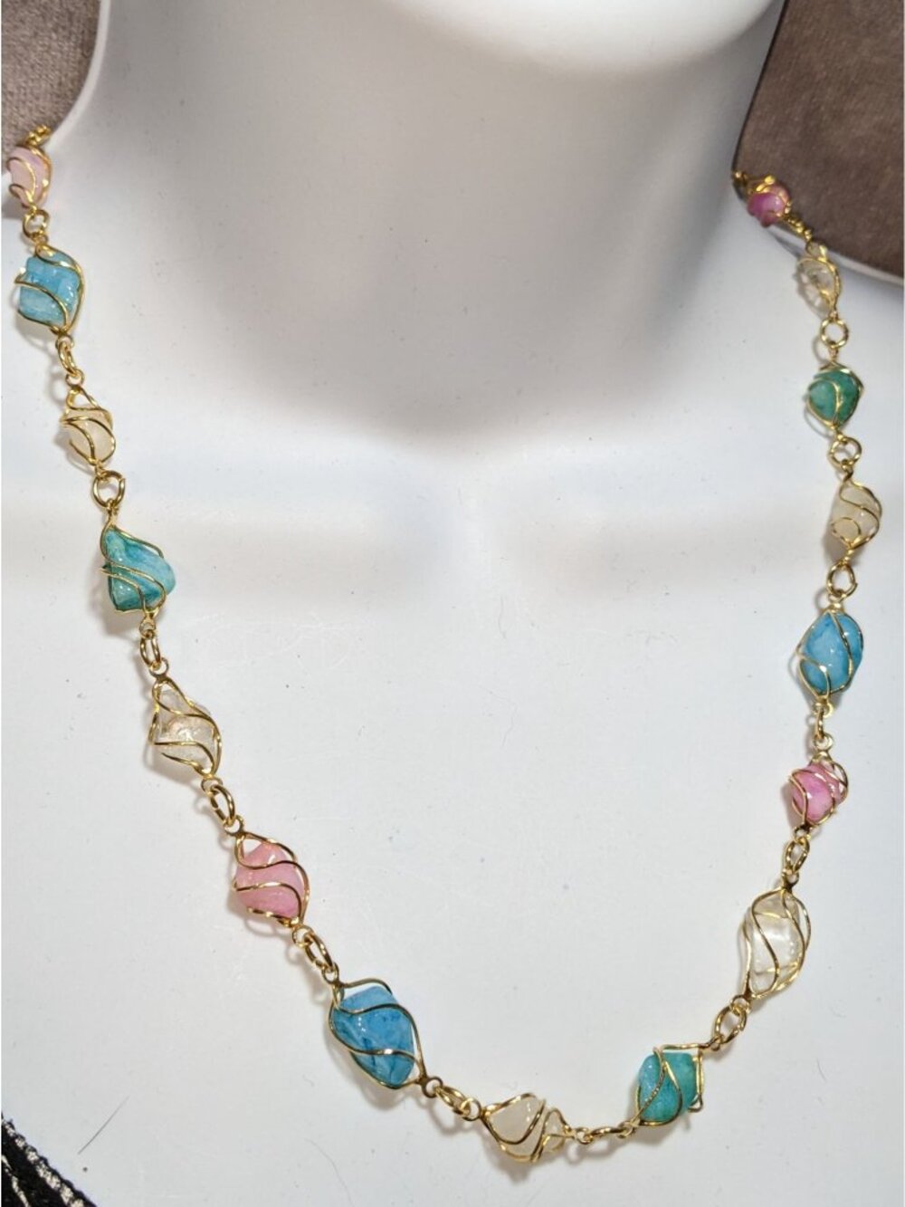 Whimsical Wire-Wrapped Pastel Gemstone Necklace With Gold-Tone Chain - Picture 3 of 5